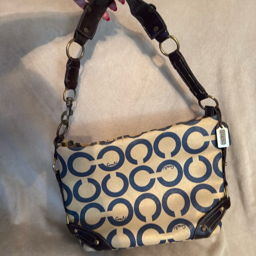 Coach Navy and Cream Signature Canvas Shoulder Bag with Leather Trim